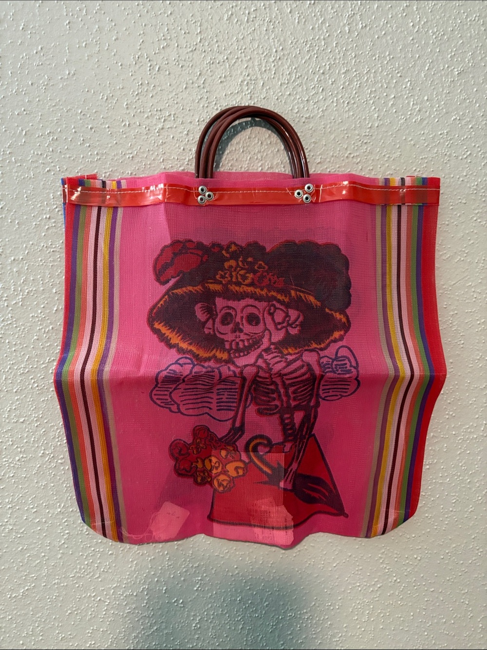 Pink Day of the Dead Skeleton Graphic Tote with Striped Trim
